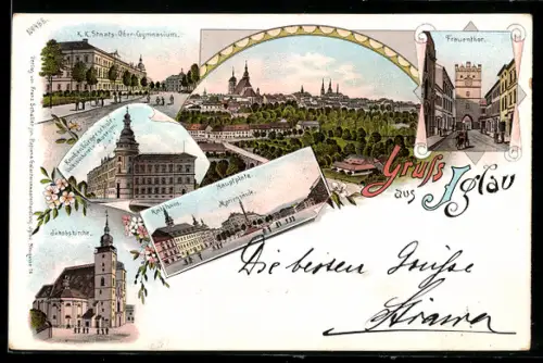 Lithographie Iglau, Hauptplatz mit Mariensäule und Rathaus, Panorama, Frauentor und Jakobskirche