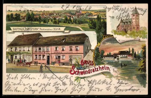 Lithographie Schwindratzheim i. Els., Gasthaus zum Stern, Ortspanorama, Kirche