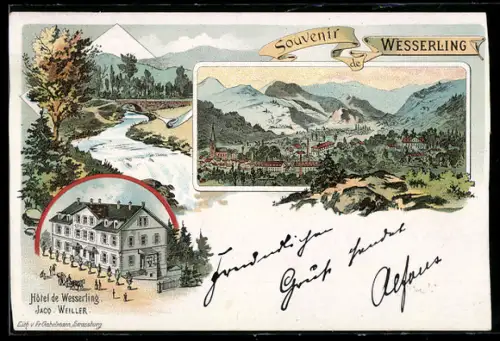 Lithographie Wesserling, Hotel von Jacob Weiller, Panorama