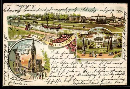 Lithographie Montigny, Panorama, Ev. Kirche, Botanischer Garten