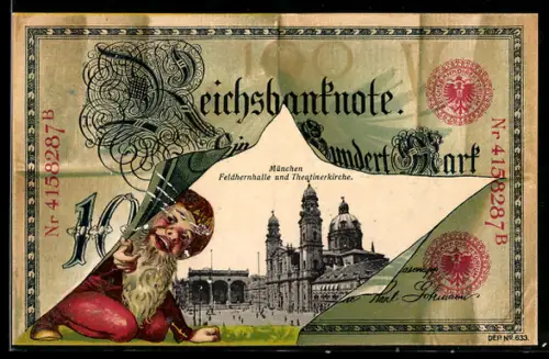 Lithographie München, Feldherrnhalle und Theatinerkirche auf Reichsbanknote über 100 Mark