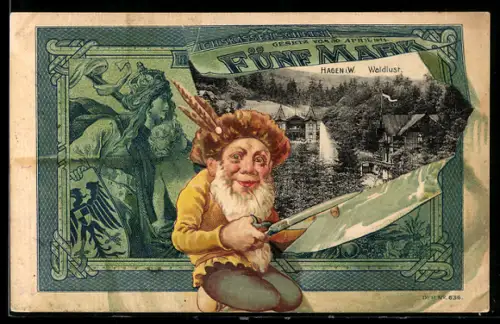 Lithographie Hagen i. W., Waldlust, Banknote über fünf Mark, Zwerg mit Schere