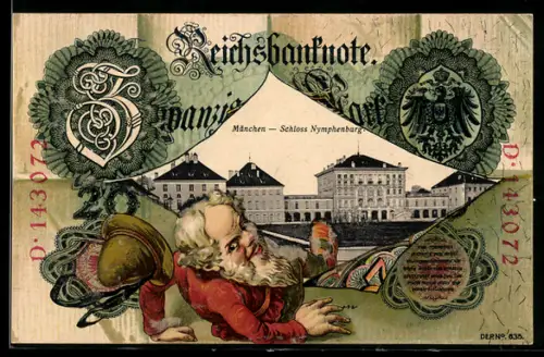 Lithographie München, Schloss Nymphenburg, Reichsbanknote über zwanzig Mark, Zwerg