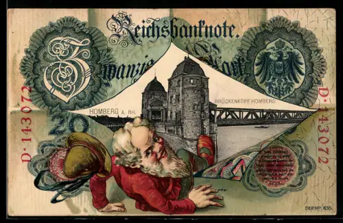 Lithographie Homberg a. Rh., Brückenkopf Homberg, Reichsbanknote über zwanzig Mark, Zwerg