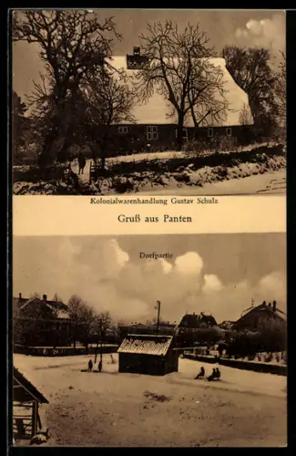AK Panten, Kolonialwaren Gustav Schulz, Ortsansicht im Schnee