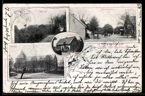 AK Lütau, Postcrat, Hauptstrasse, Schule und Kirche
