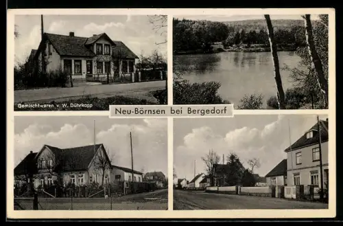 AK Neu-Börnsen bei Bergedorf, Gemischtwarengeschäft von W. Dührkopp, Uferpartie, Ortspartie