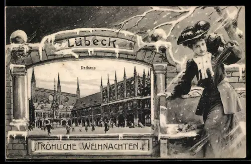 Grusskarten-AK Lübeck, Rathaus im Winterpassepartout