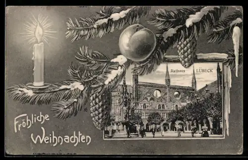 Grusskarten-AK Lübeck, Blick zum Rathaus, Weihnachtspassepartout mit Tannenzweig