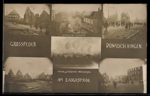 AK Donaueschingen, Grossfeuer 1908, Gasthaus Alte Krone, Gasthaus zur Linde, Hotel Adler
