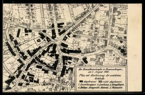 AK Donaueschingen, Brandkatastrophe 1908, Plan mit Markierung der zerstörten Gebäude