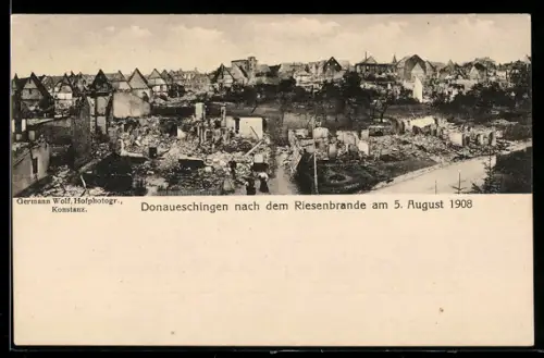 AK Donaueschingen, Ortsansicht nach dem Brand am 5. August 1908