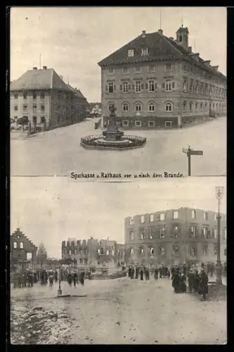 AK Donaueschingen, Sparkasse und Rathaus vor und nach dem Brand 1908