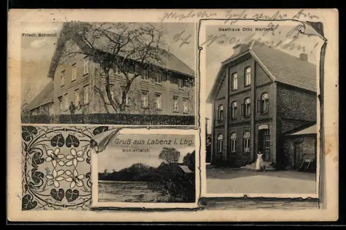 AK Labenz i. Lbg., Gasthaus Otto Martens, Haus Friedr. Schmidt, Mühlenteich