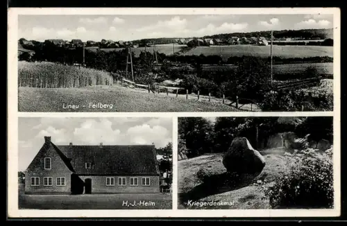 AK Linau-Feilberg, HJ-Heim, Kriegerdenkmal, Gesamtansicht mit Landschaft