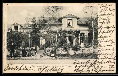 AK Linau /Trittau, Pensionat Fischer mit kleiner Versammlung im Garten