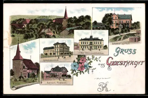 Lithographie Geesthacht, A. Mohrs Hotel & Gesellschaftshaus, Gasthof zur Post, Gemeindeschule, Kaiserl. Postamt
