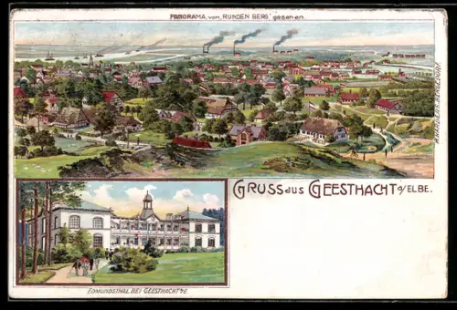 Lithographie Geesthacht a. Elbe, Edmundsthal, Ortspanorama vom Runden Berg aus