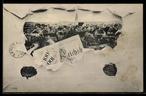 AK Saulgau, Totalansicht im aufgerissenen Briefumschlag, Geldscheine, Siegel