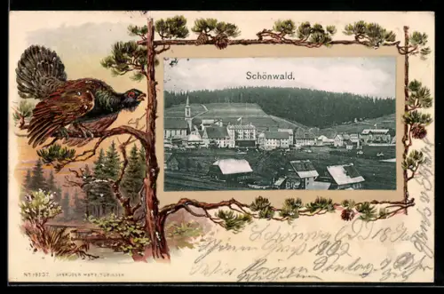 Passepartout-Lithographie Schönwald, Totalansicht, Kiefer mit Auerhahn u. Gewässerpartie