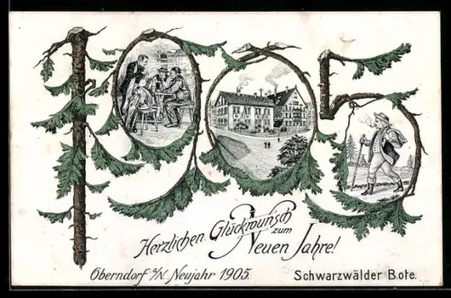 Lithographie Oberndorf a. N., Ortspartie, Wirtshaus-Szene, Wanderer, Neujahrsgruss Schwarzwälder Bote 1905