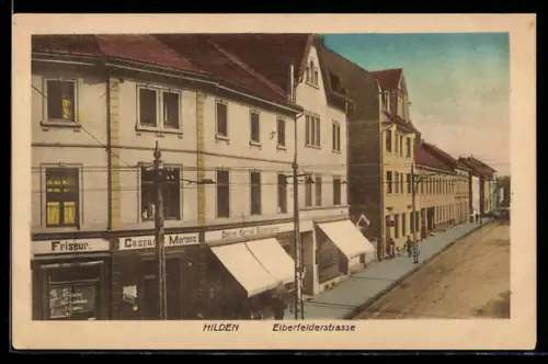 AK Hilden, Elberfelderstrasse mit Friseur Caspar Mertens u. Zigarrengeschäft