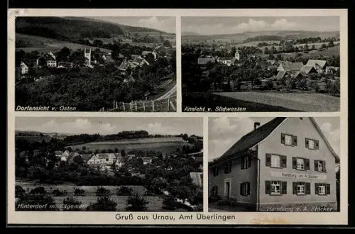 AK Urnau, Handlung v. A. Stocker, Hinterdorf mit Sägewerk, Dorfansicht v. Osten