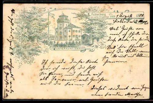 Lithographie Fichtelberg /Erzgebirge, Unterkunftshaus mit Waldpartie