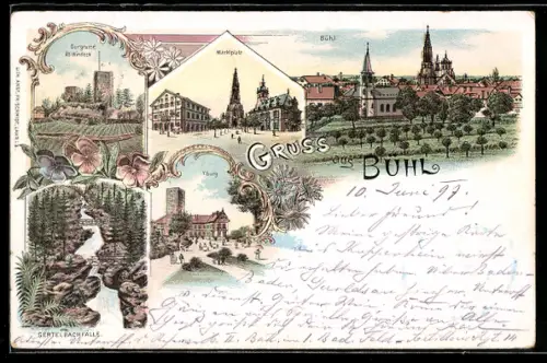 Lithographie Bühl / Baden, Marktplatz, Yburg, Burgruine Alt-Windeck, Gertelbachfälle