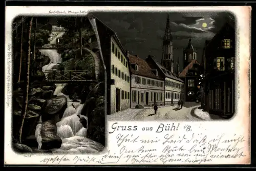 Lithographie Bühl i. B., Ortspartie mit Kirche bei Nacht, Gertelbach Wasserfälle
