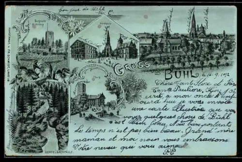 Mondschein-Lithographie Bühl, Marktplatz, Ortsansicht, Burgruine Alt-Windeck, Gertelbachfälle, silberner Mond