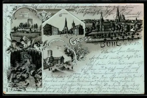 Mondschein-Lithographie Bühl, Marktplatz, Yburg, Burgruine Alt-Windeck, Gertelbachfälle, silberner Mond