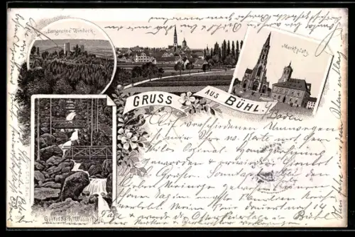Lithographie Bühl, Burgruine Windeck, Marktplatz, Gertelbach Wasserfälle