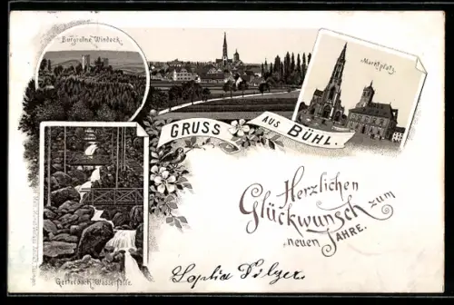 Lithographie Bühl, Burgruine Windeck, Marktplatz, Gertelbach Wasserfälle