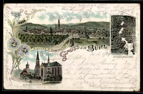 Lithographie Bühl, Kirchenansicht v. d. Eisenbahnstrasse, Totalansicht, Gertelbach-Wasserfälle