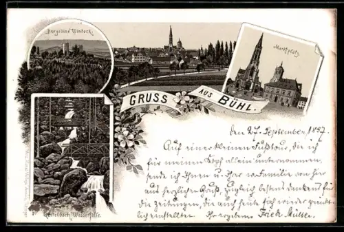 Lithographie Bühl, Burgruine Windeck, Marktplatz, Gertelbach Wasserfälle