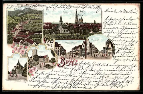 Lithographie Bühl, Hauptstrasse, Oberstadt, Teilansicht, Yburg und Friedhofkapelle