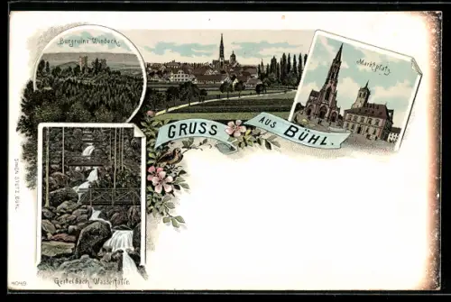 Lithographie Bühl, Gertelbach Wasserfälle, Burgruine Windeck, Marktplatz