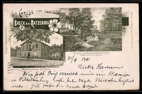 Lithographie Baek / Ratzeburg, Winterrestaurant der Baeck, Partie im Kupfermühlenthal