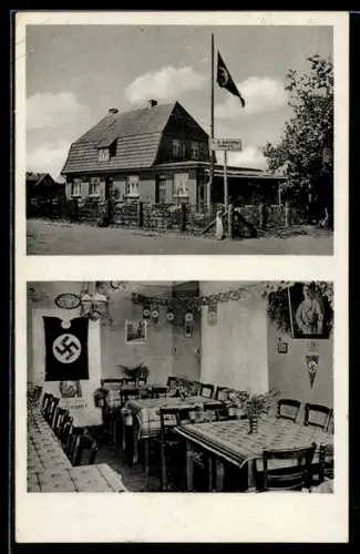 AK Sachsenwald, N.-S. Gaststätte, Inh. Pg. Julius Zack, Aussen- und Innenansicht, -Fahne
