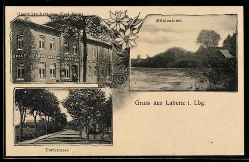 AK Labenz i. Lbg., Gasthaus von Karl Meins, Dorfstrasse, Mühlenteich