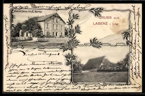 AK Labenz i. Lbg., Warenhaus von H. Harms, Wohnhaus mit Reetdach