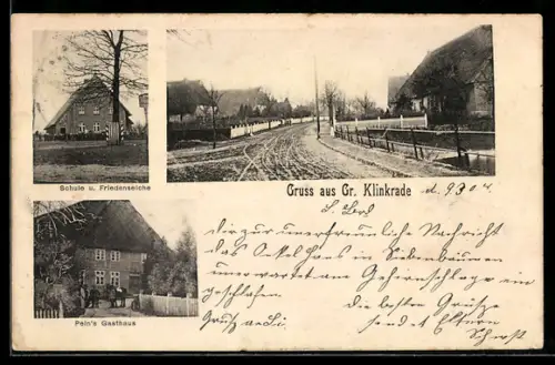 AK Gr. Klinkrade, Gasthaus Pein, Schule mit Friedenseiche, Dorfstrasse