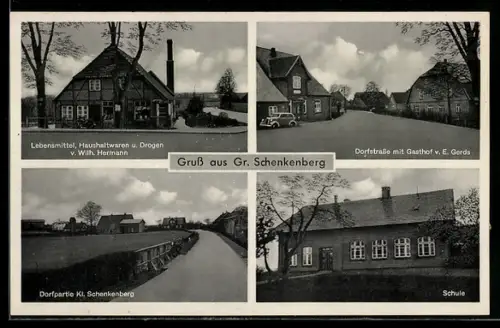 AK Gr. Schenkenberg, Drogerie von Wilh. Hermann, Dorfstrasse mit Gasthof v. E. Gerds, Dorfpartie Kl. Schenkenberg