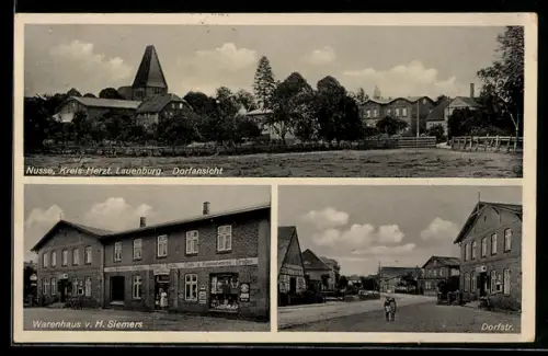 AK Nusse /Lauenburg, Warenhaus v. H. Siemers, Dorfstrasse, Ortsansicht mit Kirche