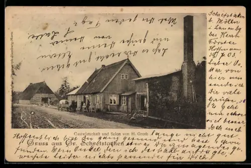 AK Schretstaken, Gastwirtschaft H. Groth mit Nebengebäuden und Strasse