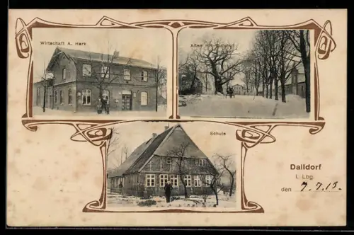 AK Dalldorf i. Lbg., Gasthaus A. Hark, Allee mit Gutshof, Schule