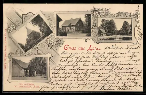 AK Lütau, Gasthof, Ansicht der Kirche, Ortspartie mit Teich