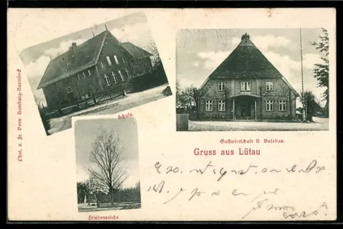 AK Lütau, Gasthaus H. Basedau, Friedenseiche, Schule