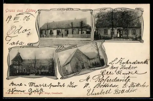 AK Lütau, Geschäftshaus C. Leszczinsky, Schlachterei von Wilh. Trost, Kirche, Schule